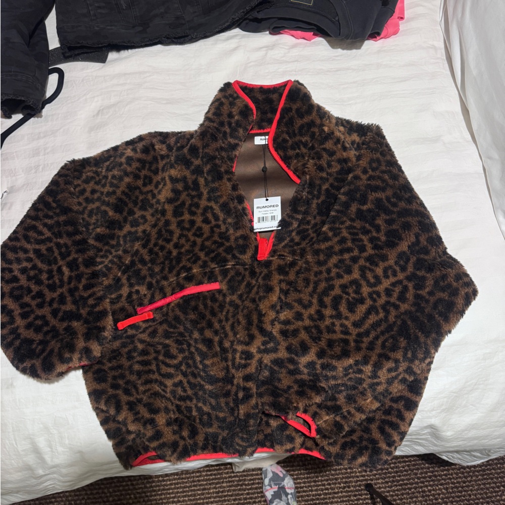 Rumored Brown Leopard Faux Fur Jacket with Red Trim